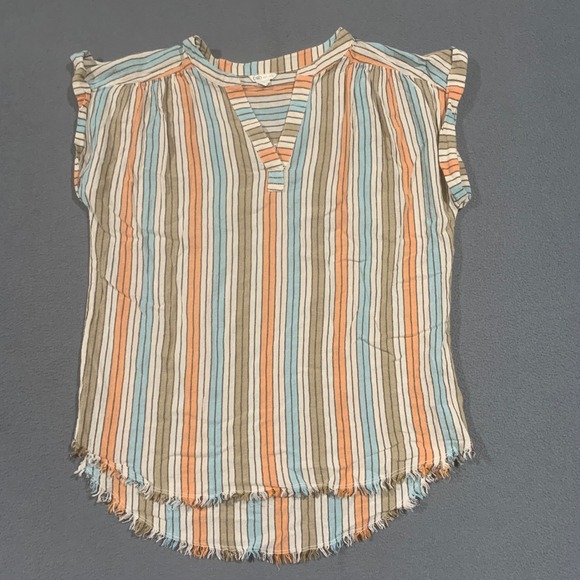 Cato Tops - Cato Women's Size M Top Striped V Neck Cap Sleeve Frayed‎ Hem Cotton Blouse